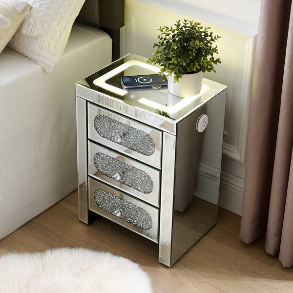 Mercer41 Granstrand 3Drawer Mirrored Nightstand with Wireless Charging